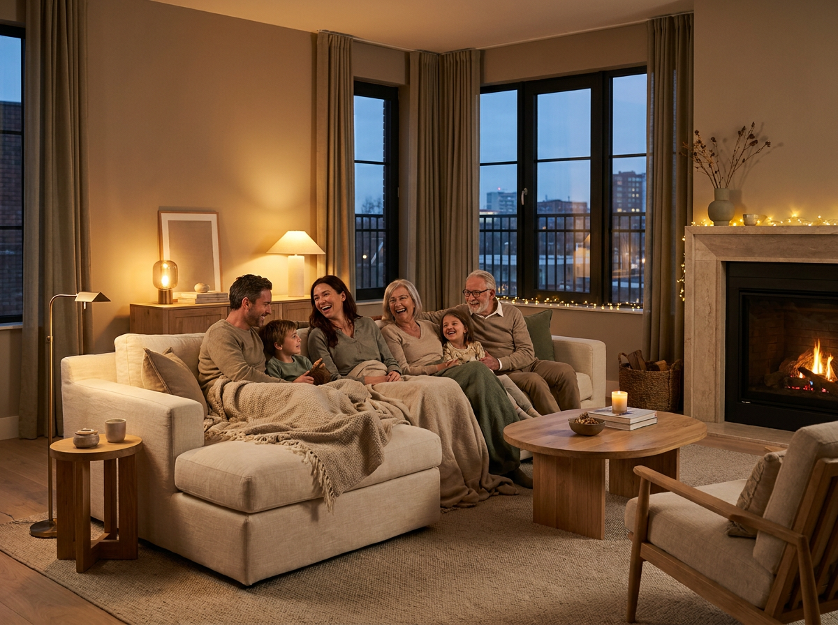 Warm, well-lit family home in the evening