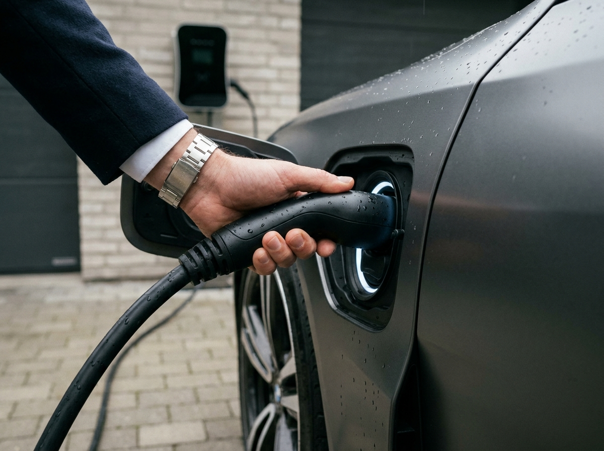 Plugging a charge cable into an electric car at home