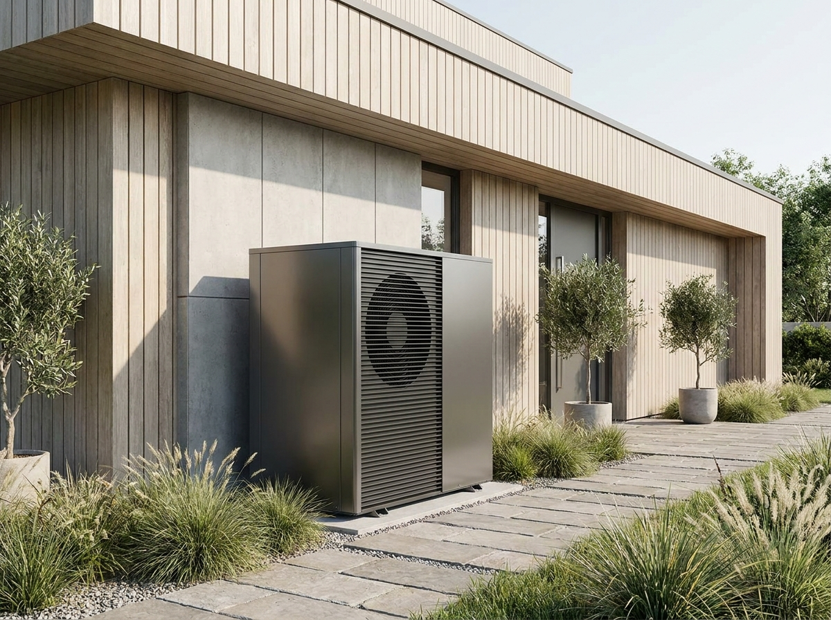 Air source heat pump beside a modern home